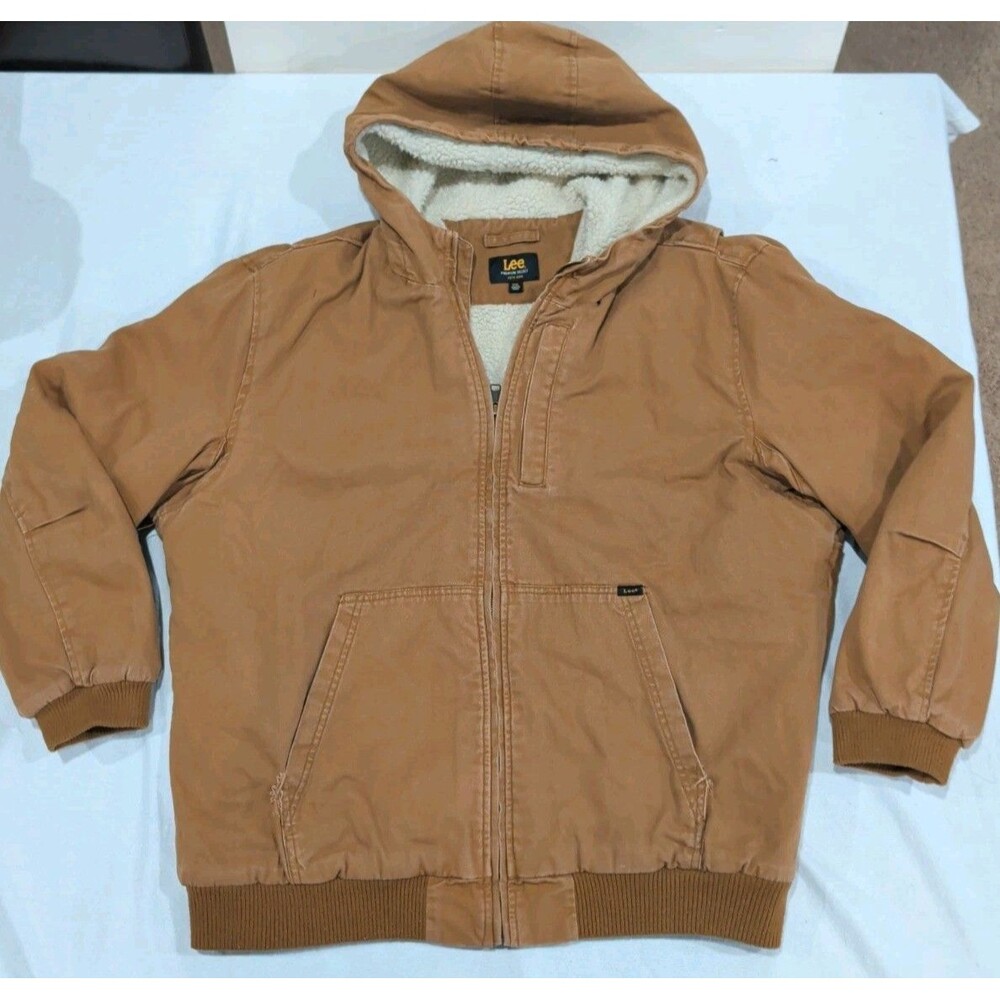 Lee Sherpa Lined Tobacco Full Zip Hooded Canvas Work Coat Jacket Men’s 2XL